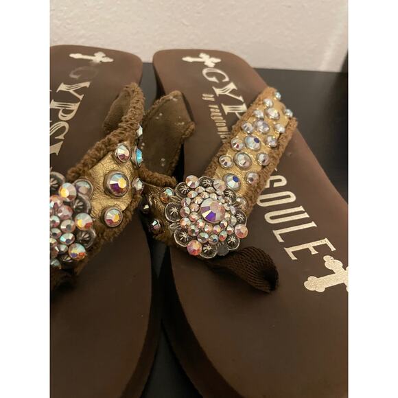 Gypsy Soule Womens Platform Flip Flop Sandals Size 9 Brown Bedazzled Western - Picture 4 of 8